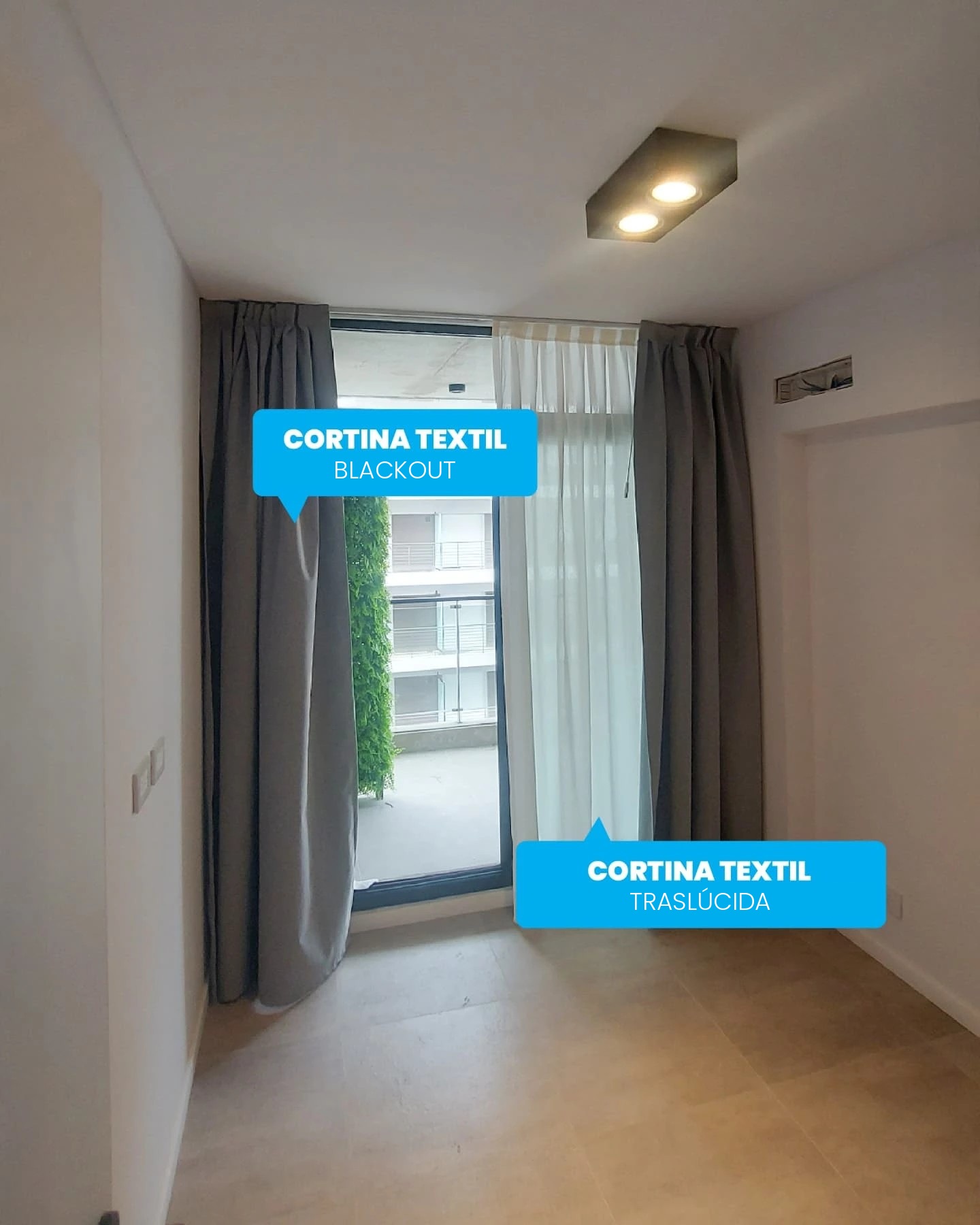 Cortina textil blackout y cortina textil traslúcida en ventanal